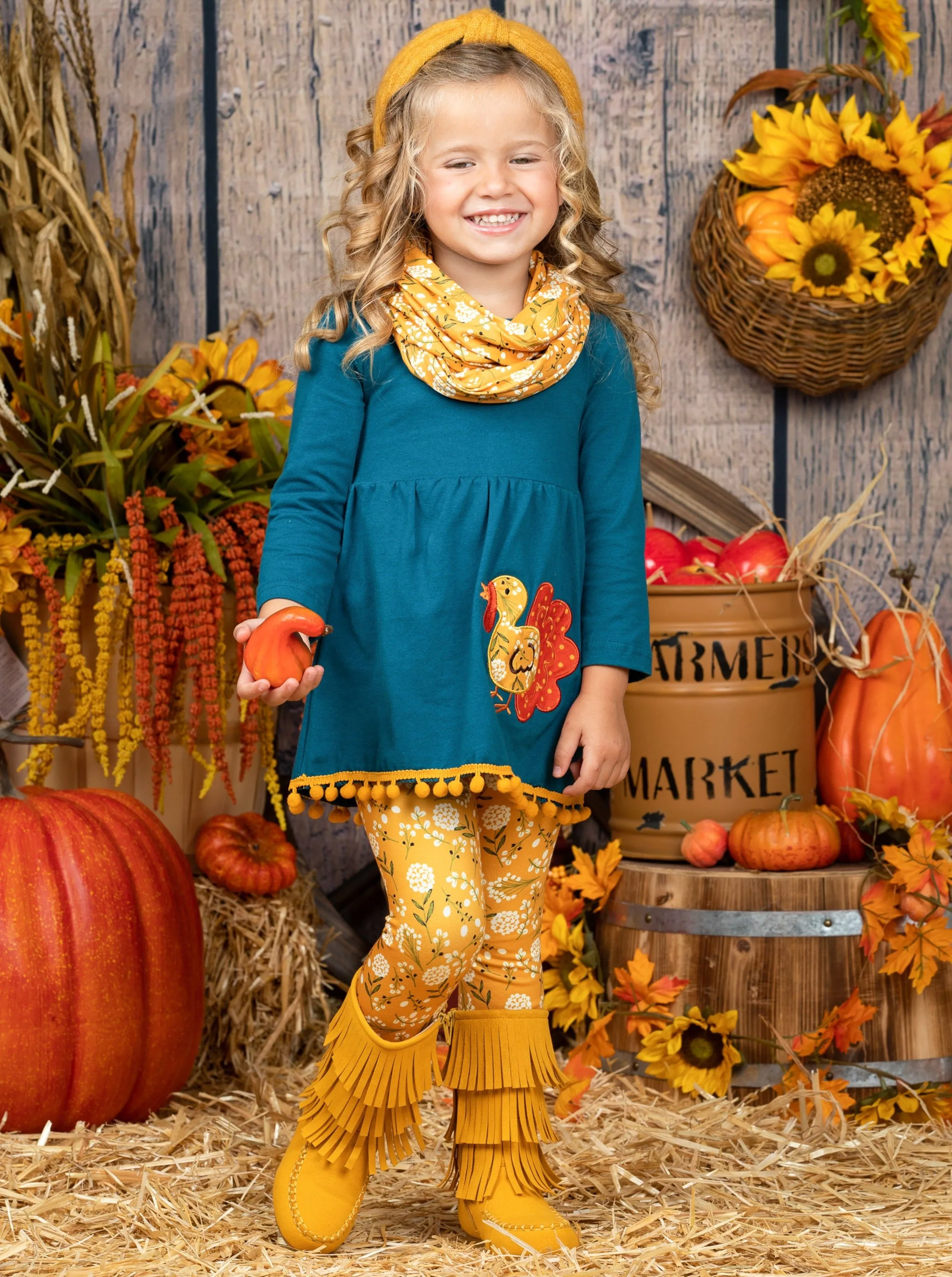 Turkey Season Pom Pom Tunic, Leggings And Scarf Set