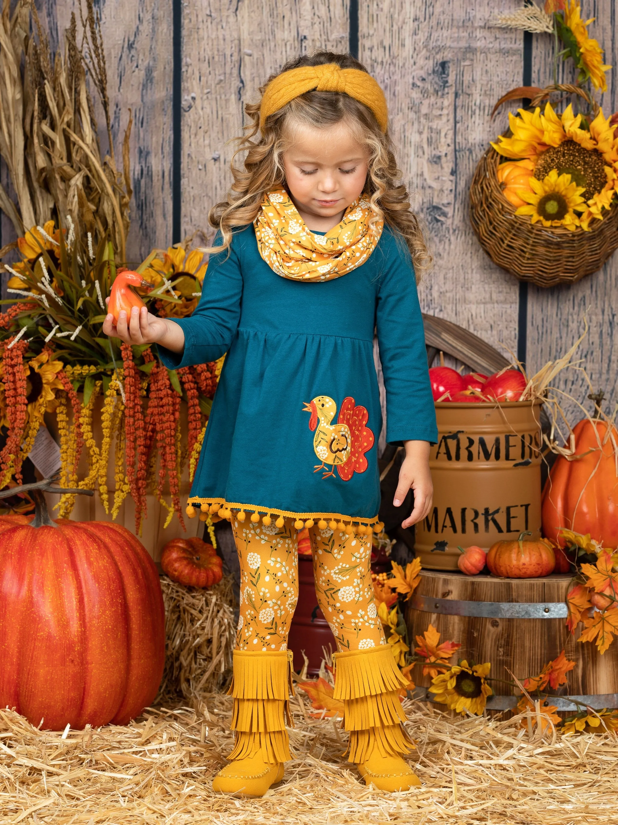 Turkey Season Pom Pom Tunic, Leggings And Scarf Set