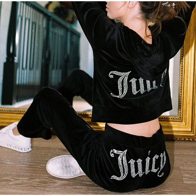 Two Piece Tracksuit Solid Hood Letter Diamonds Zippers Ladies Sweatshirts