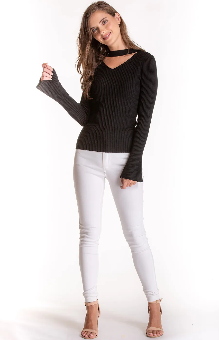 V-Neckline Sweater with Choker Details (SKN306)