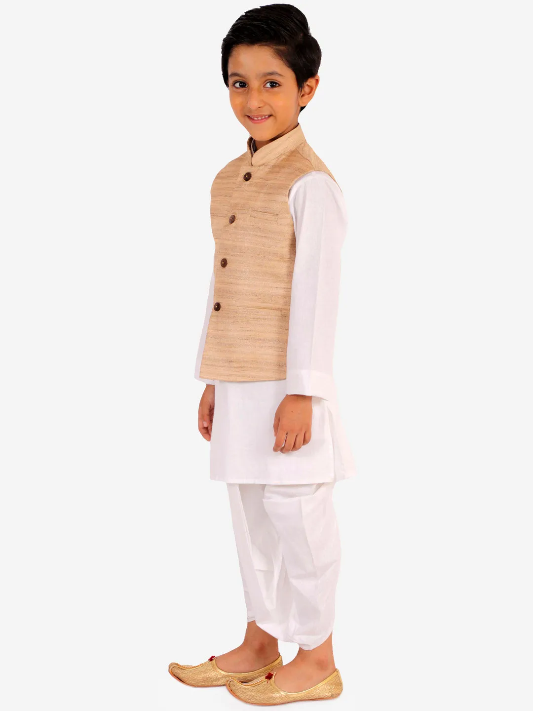 Vastramay Beige And White Matka Silk Jacket, Kurta and Dhoti Set