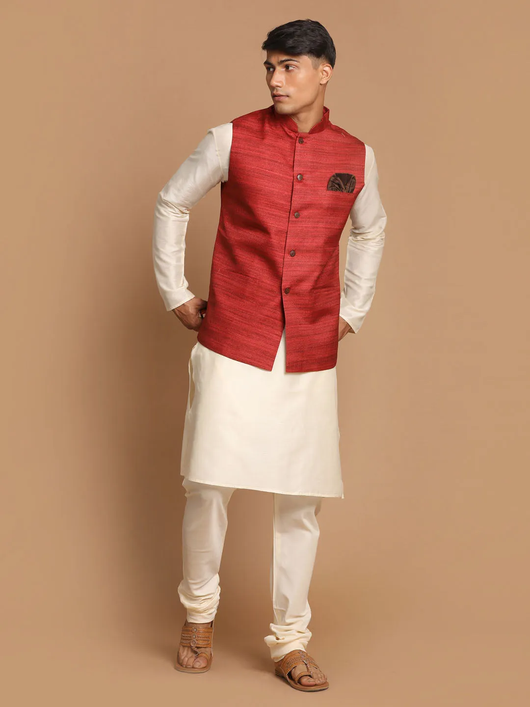 VASTRAMAY Men's Maroon Textured Nehru Jacket With Cream Kurta and Pyjama Set