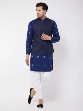 VASTRAMAY Men's Navy Blue Solid Nehru Jacket With Blue Tie Dye Print Kurta And White Cotton Pant Style Pyjama