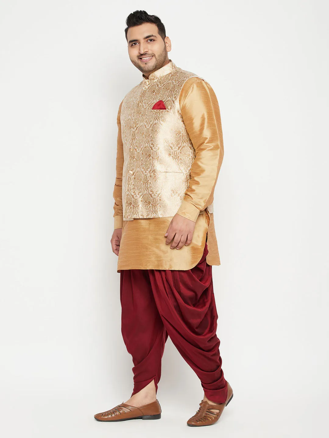 VASTRAMAY Men's Plus Size Rose Gold Brocade Silk Blend Jacket Kurta Dhoti Pant Set