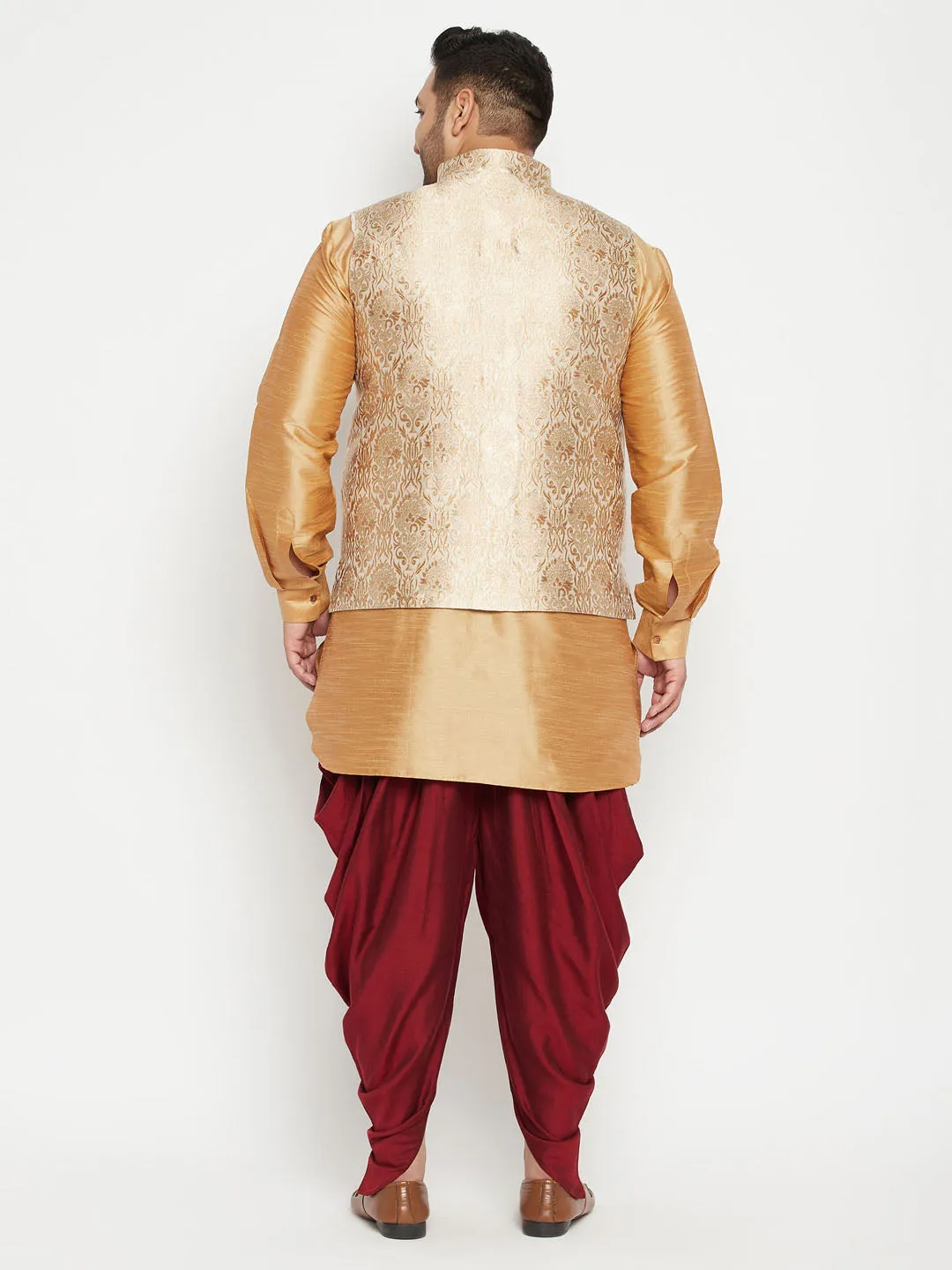 VASTRAMAY Men's Plus Size Rose Gold Brocade Silk Blend Jacket Kurta Dhoti Pant Set