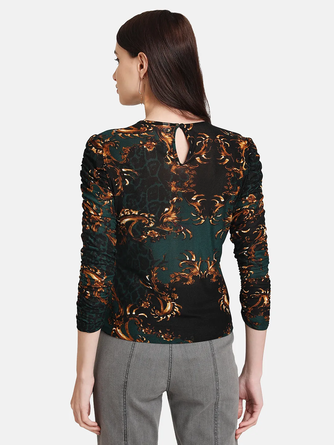 Vintage Printed Top With Ruched Sleeves