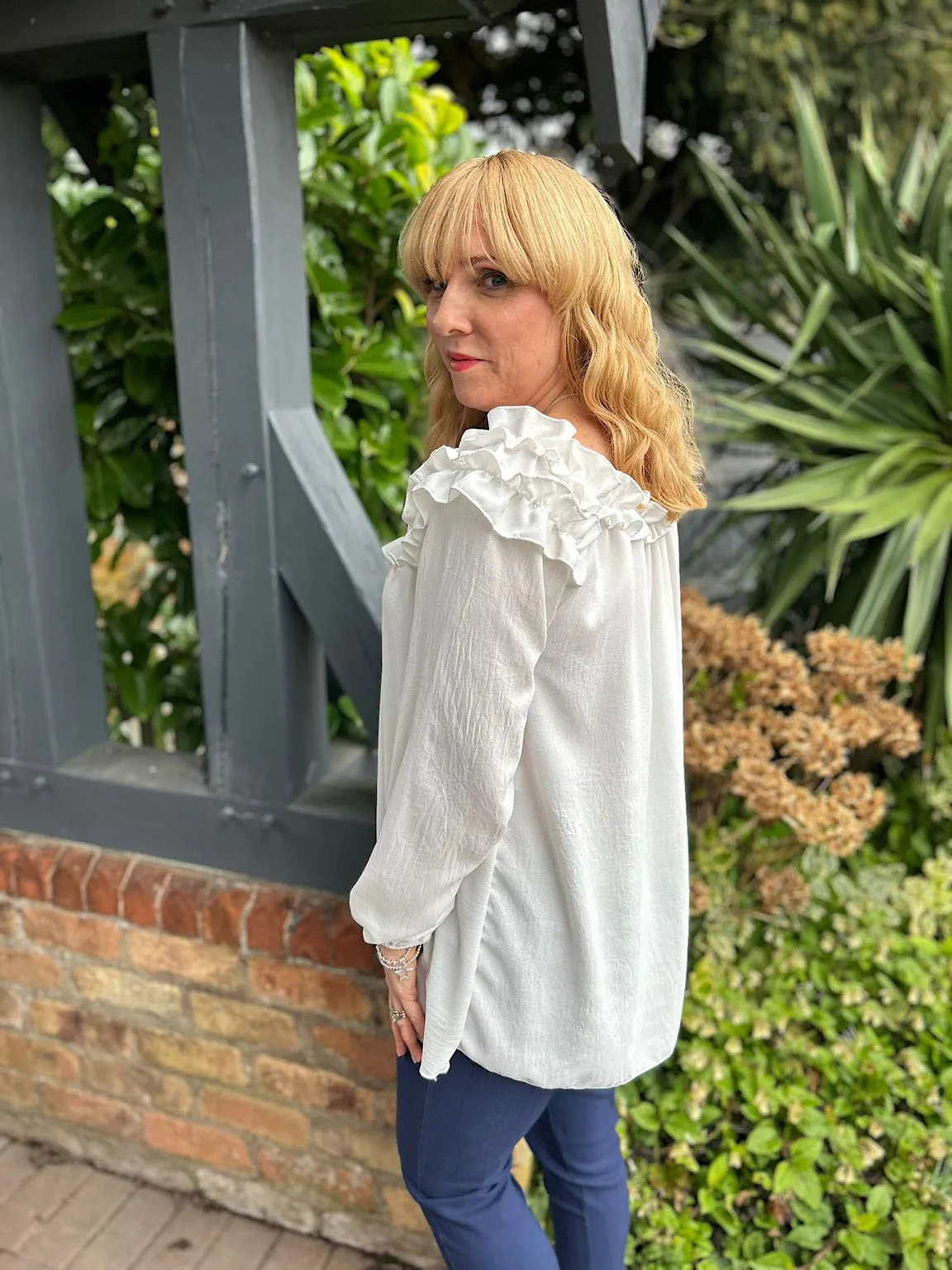 White Ruffle Bardot Top Heidi