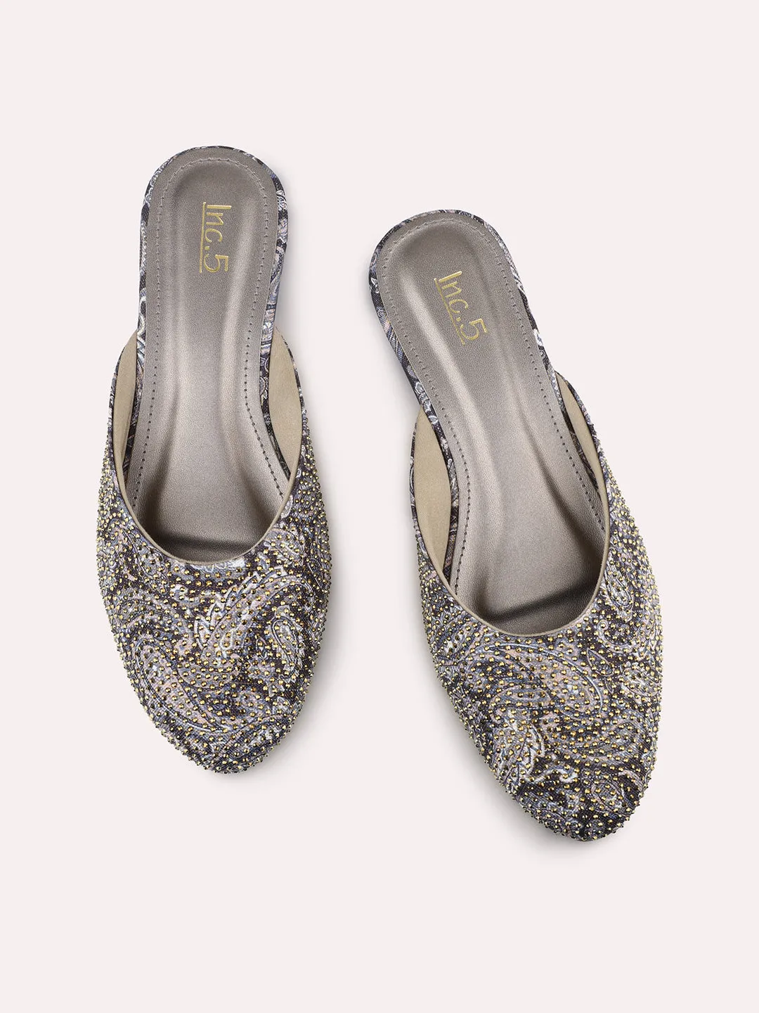 Women Grey Printed Block Heel Mules With Western - Embellished