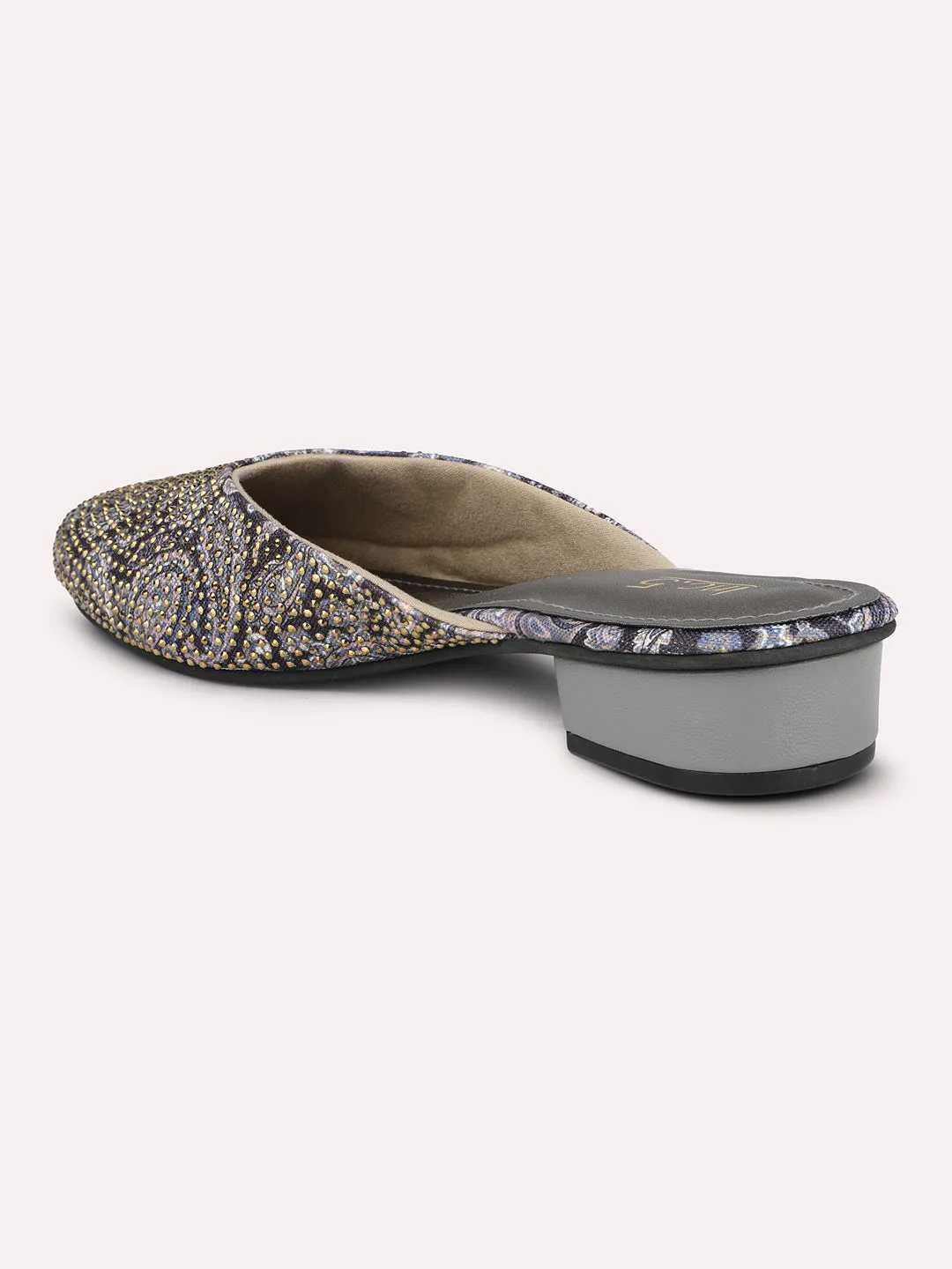 Women Grey Printed Block Heel Mules With Western - Embellished