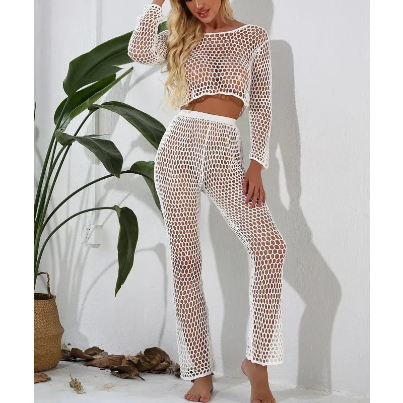 Women's Cotton Crochet See-Through Wide Leg Beach Cover-Up Trousers