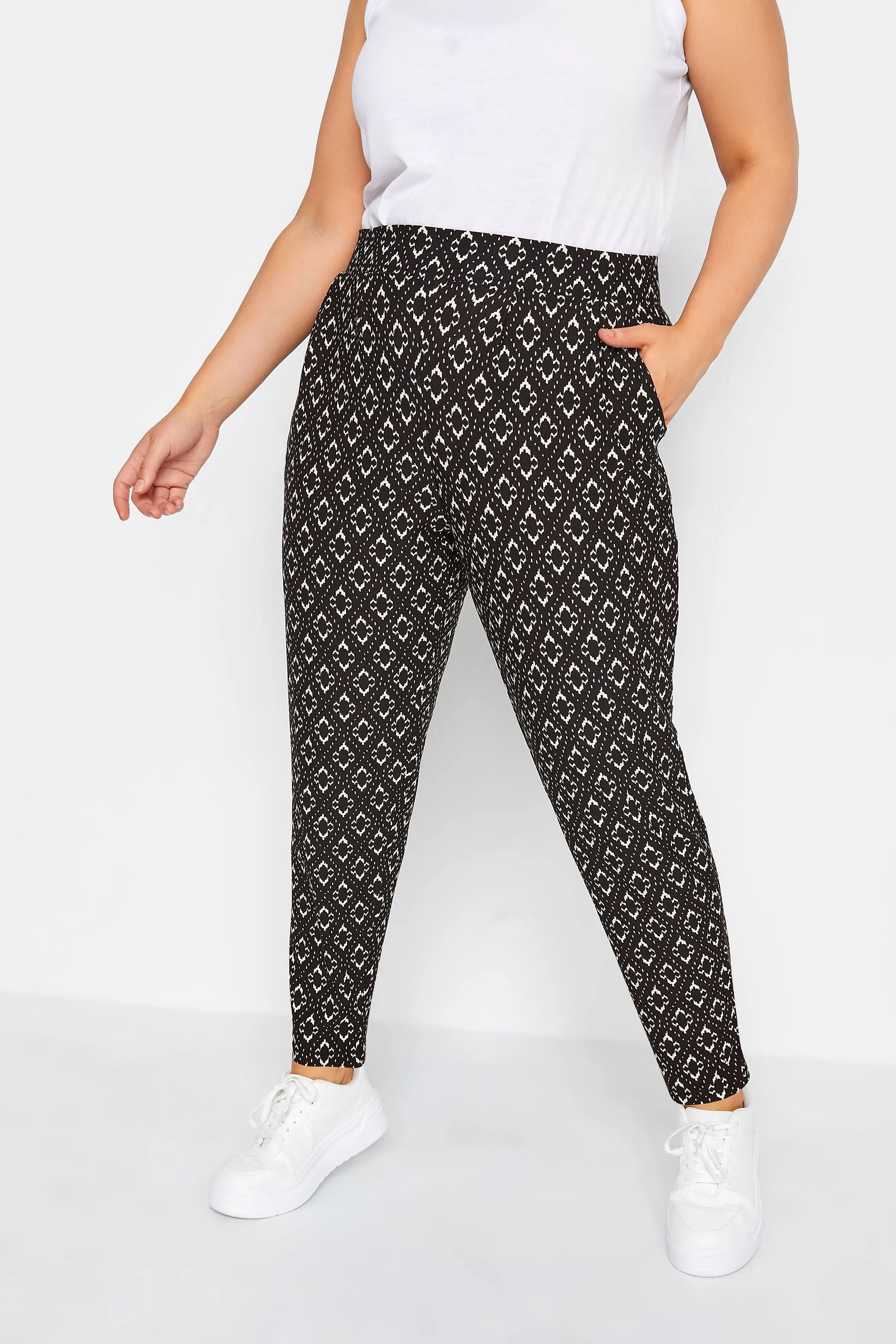 YOURS Curve Black Abstract Print Double Pleat Harem Trousers