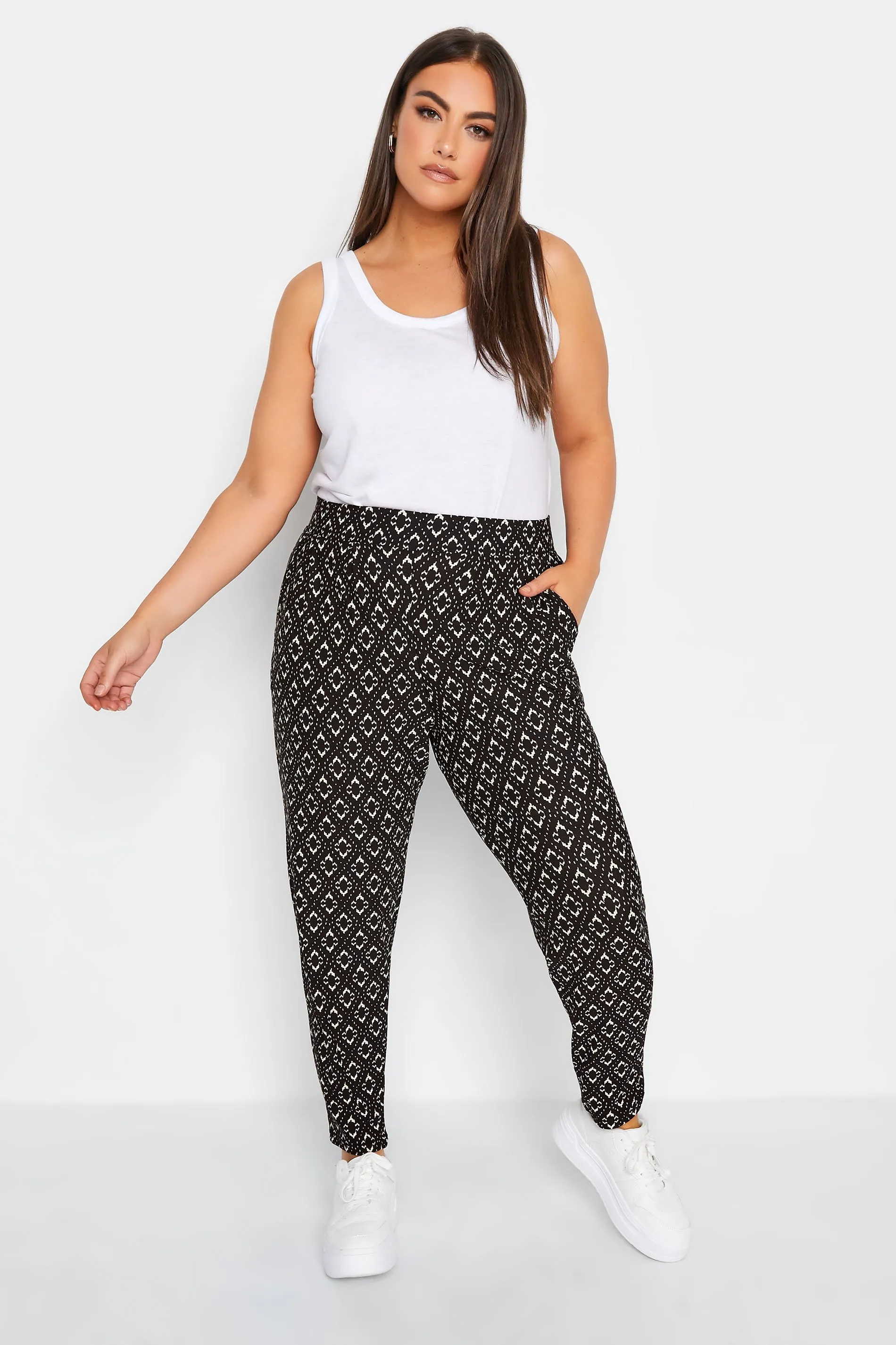 YOURS Curve Black Abstract Print Double Pleat Harem Trousers