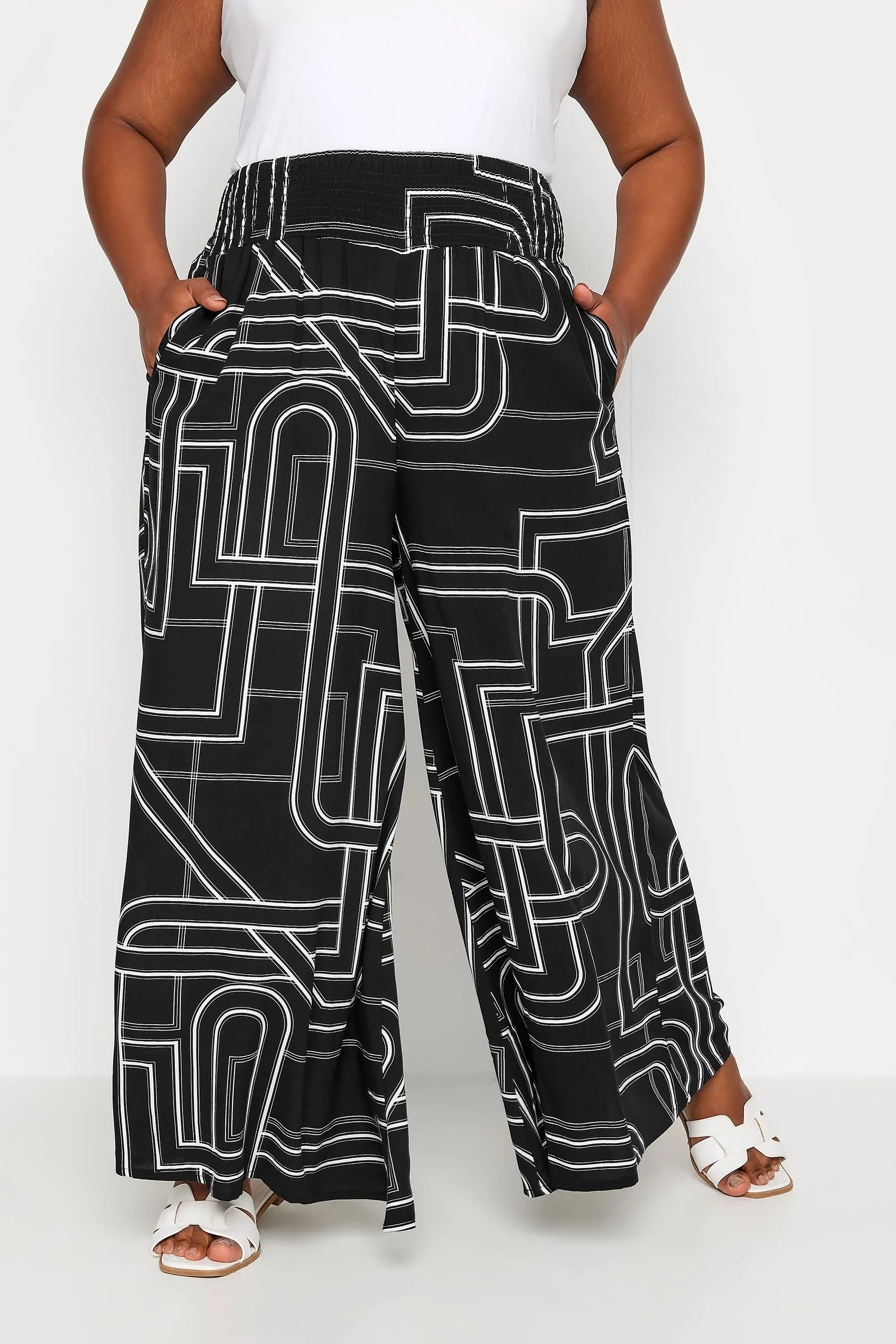 YOURS Curve Black Abstract Print Shirred Wide Leg Trousers