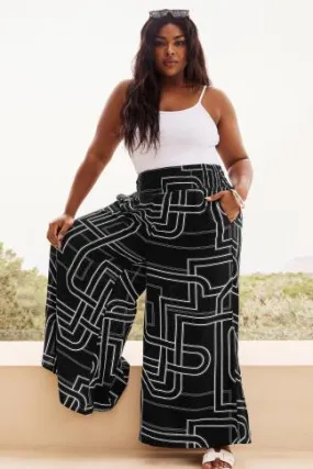 YOURS Curve Black Abstract Print Shirred Wide Leg Trousers