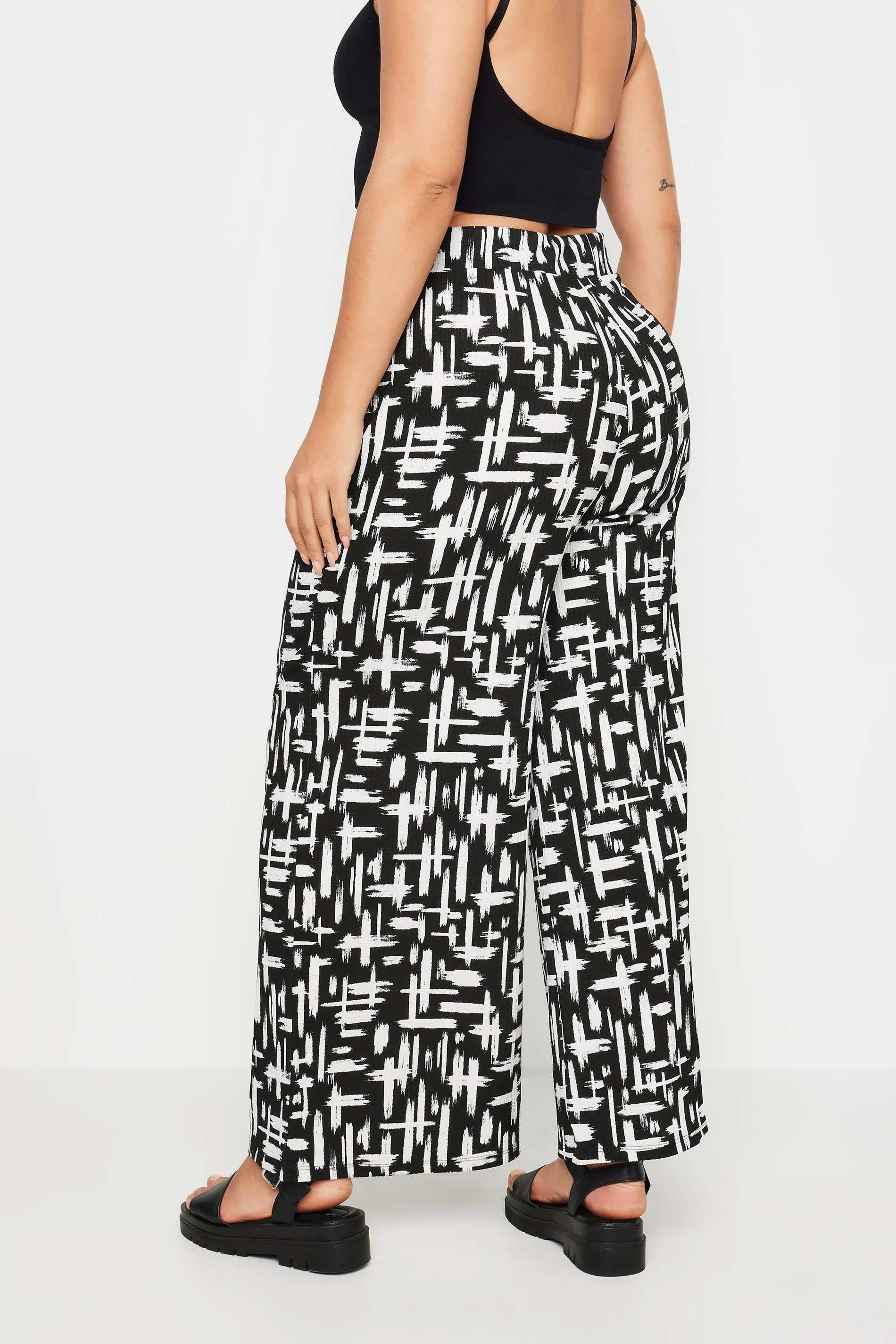 YOURS Curve Black Abstract Print Textured Wide Leg Trousers