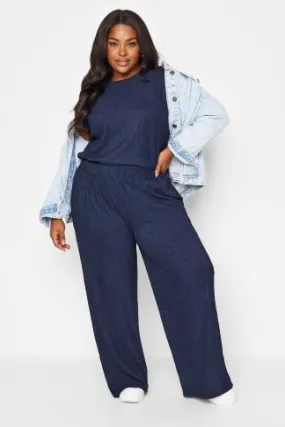 YOURS Curve Navy Blue Crinkle Plisse Wide Leg Trousers