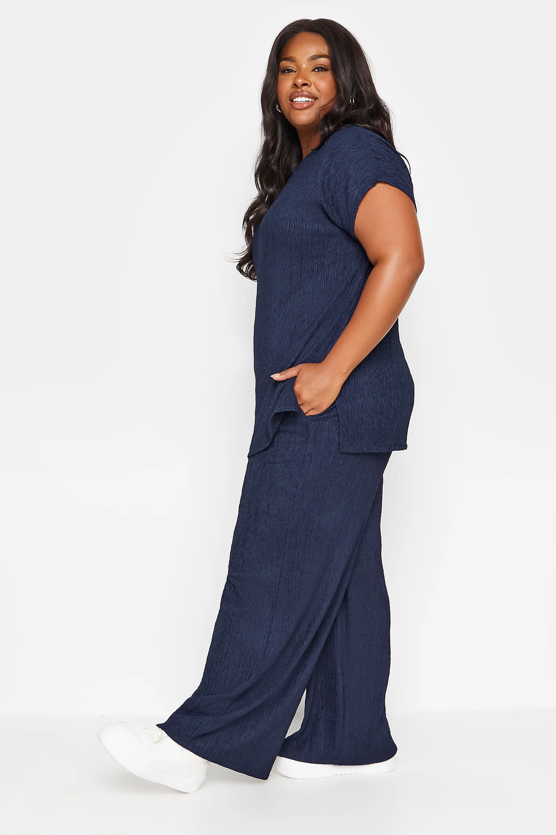 YOURS Curve Navy Blue Crinkle Plisse Wide Leg Trousers