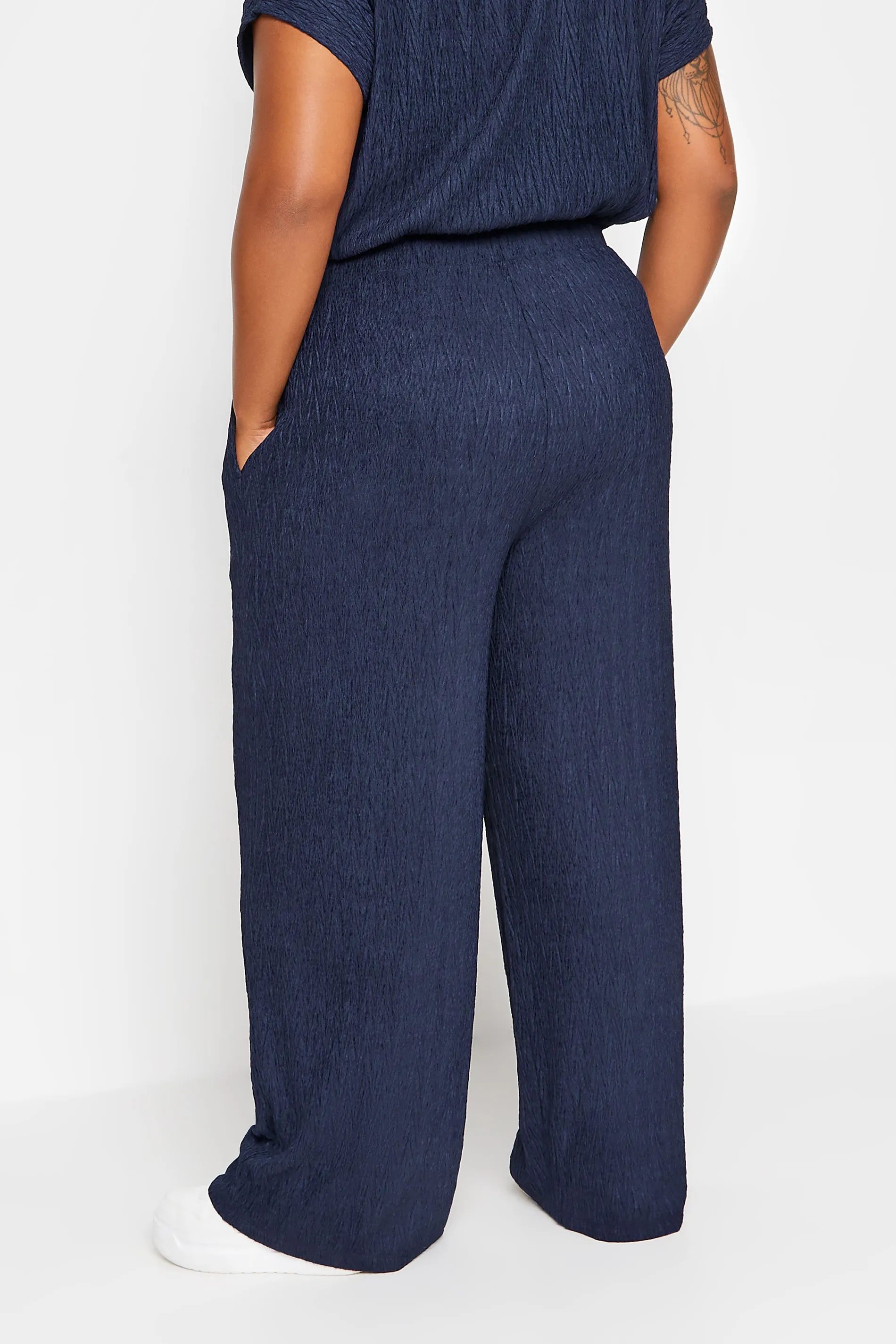 YOURS Curve Navy Blue Crinkle Plisse Wide Leg Trousers