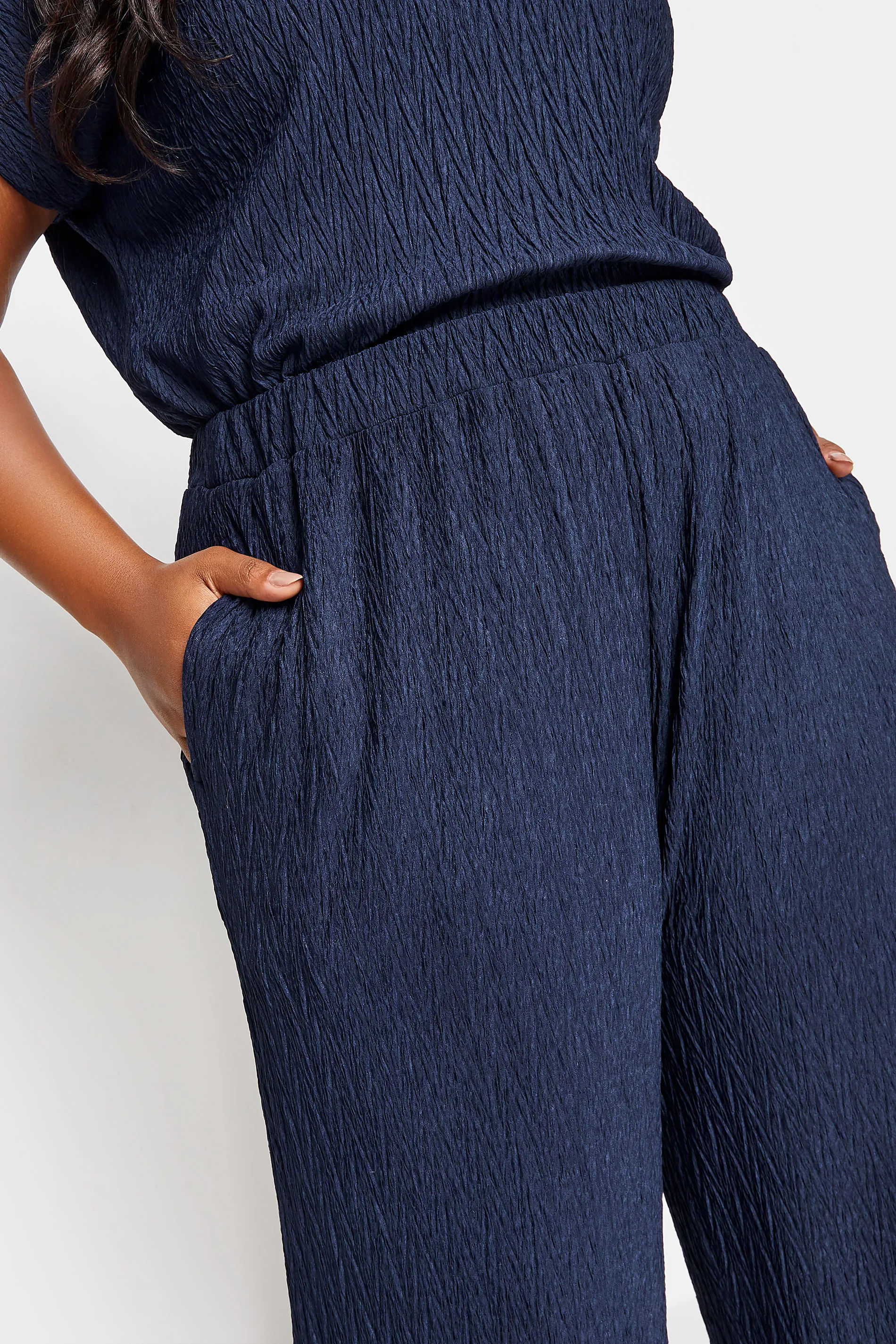 YOURS Curve Navy Blue Crinkle Plisse Wide Leg Trousers