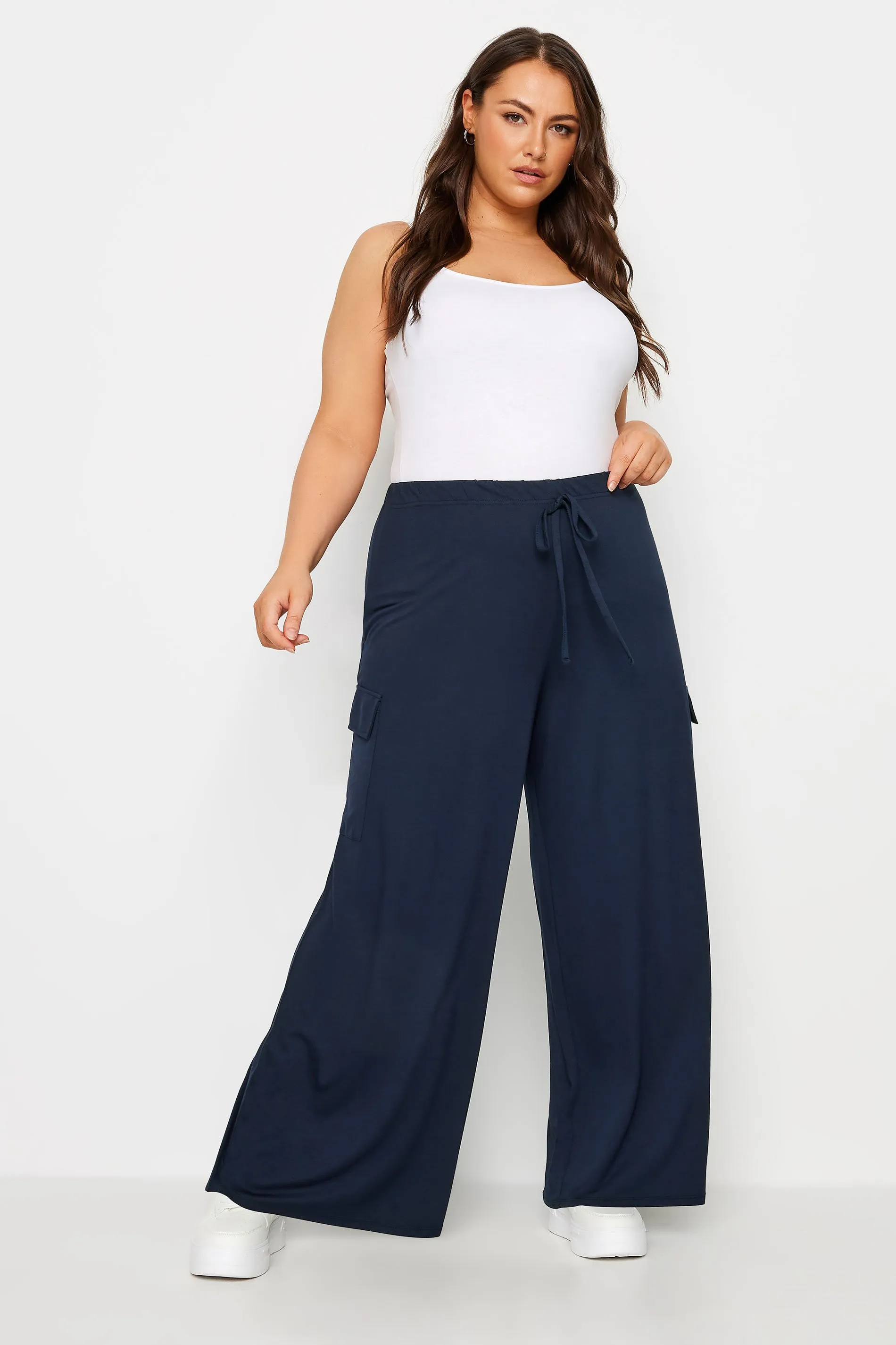 YOURS Curve Navy Blue Jersey Wide Leg Cargo Trousers