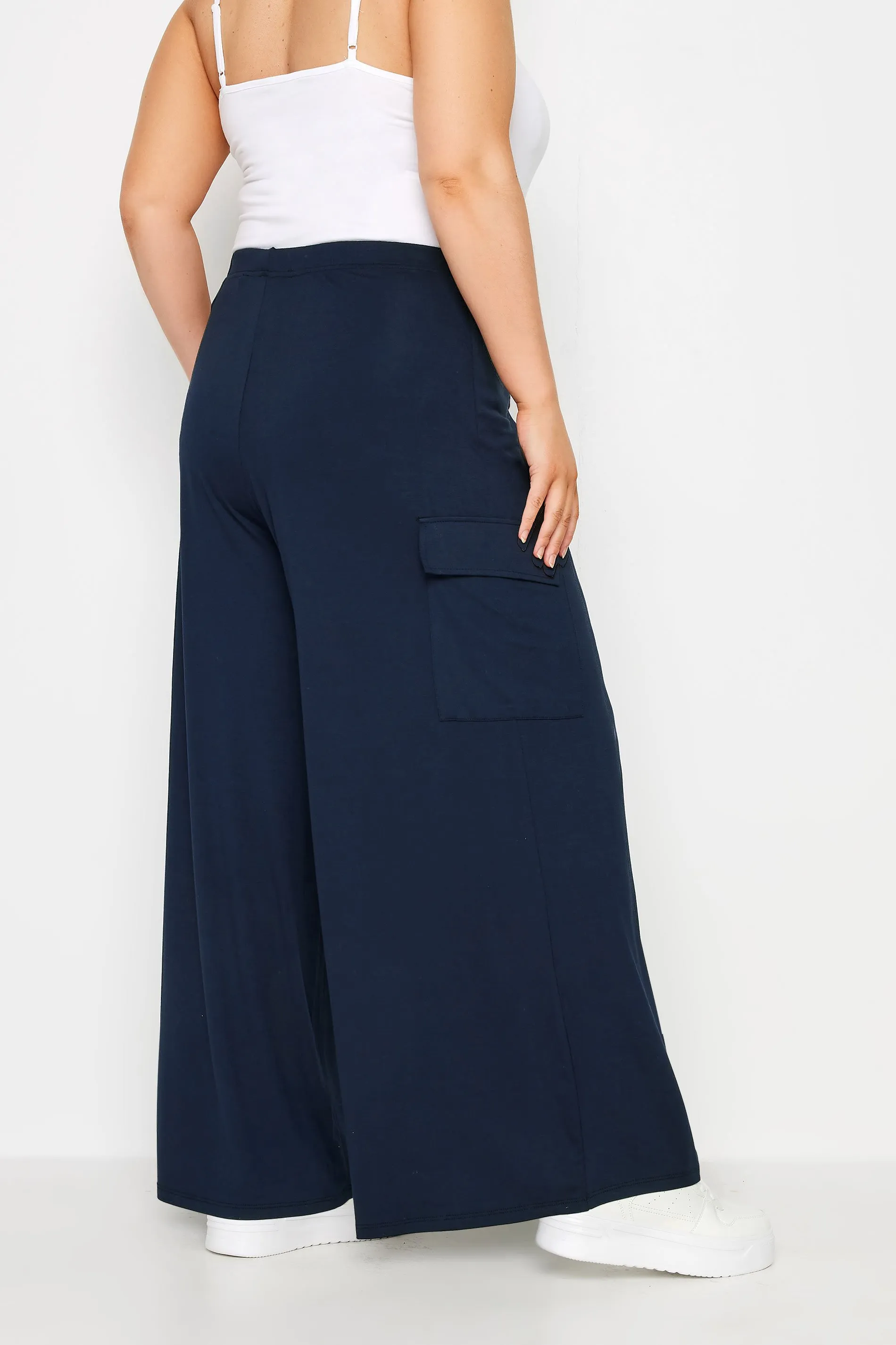 YOURS Curve Navy Blue Jersey Wide Leg Cargo Trousers