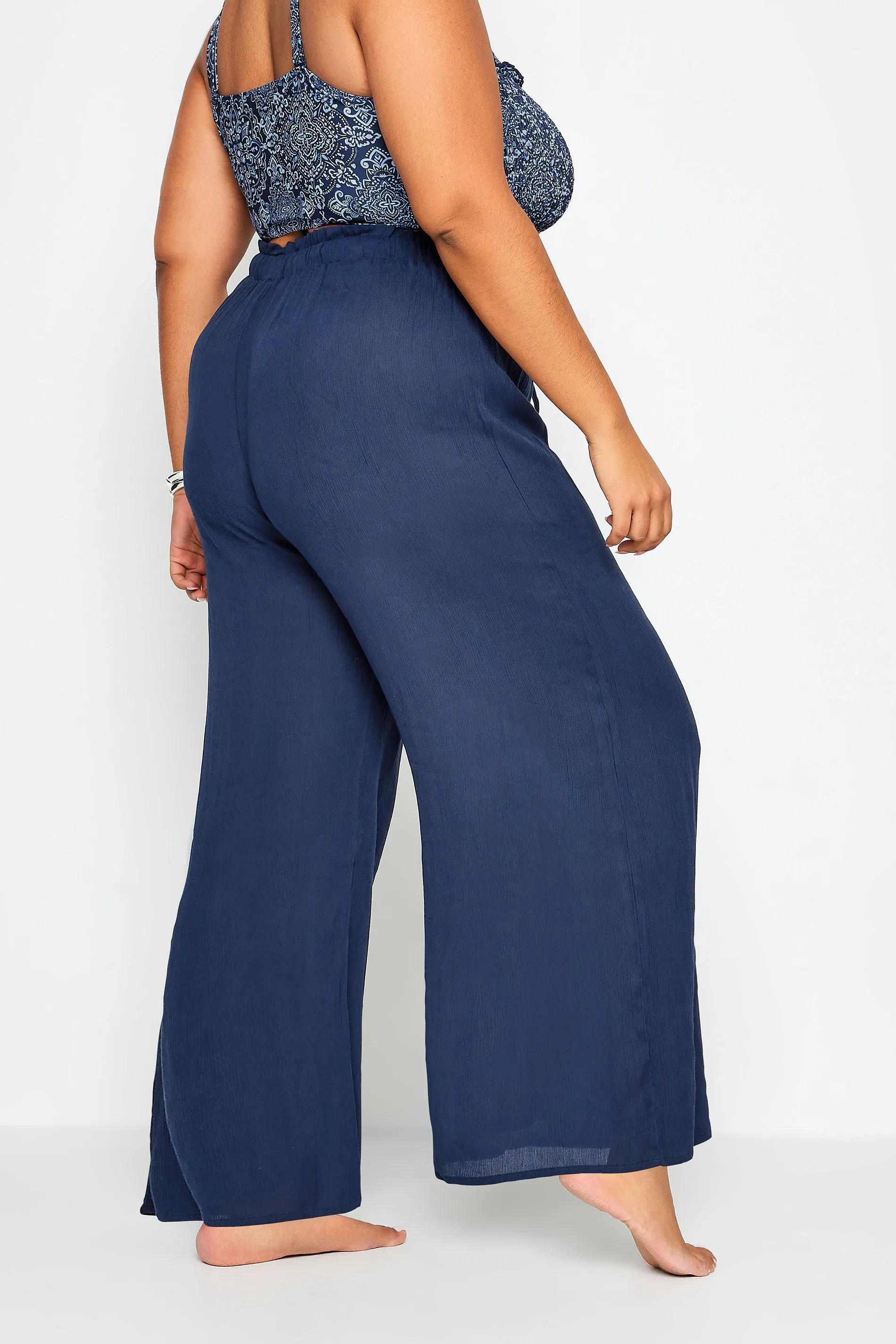 YOURS Curve Navy Blue Wide Leg Tassel Beach Trousers