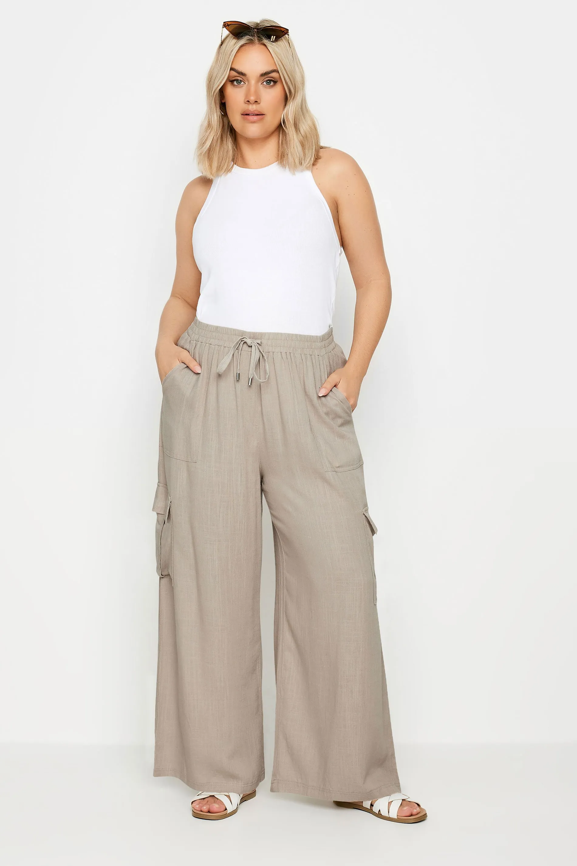 YOURS Curve Stone Brown Linen Wide Leg Cargo Trousers