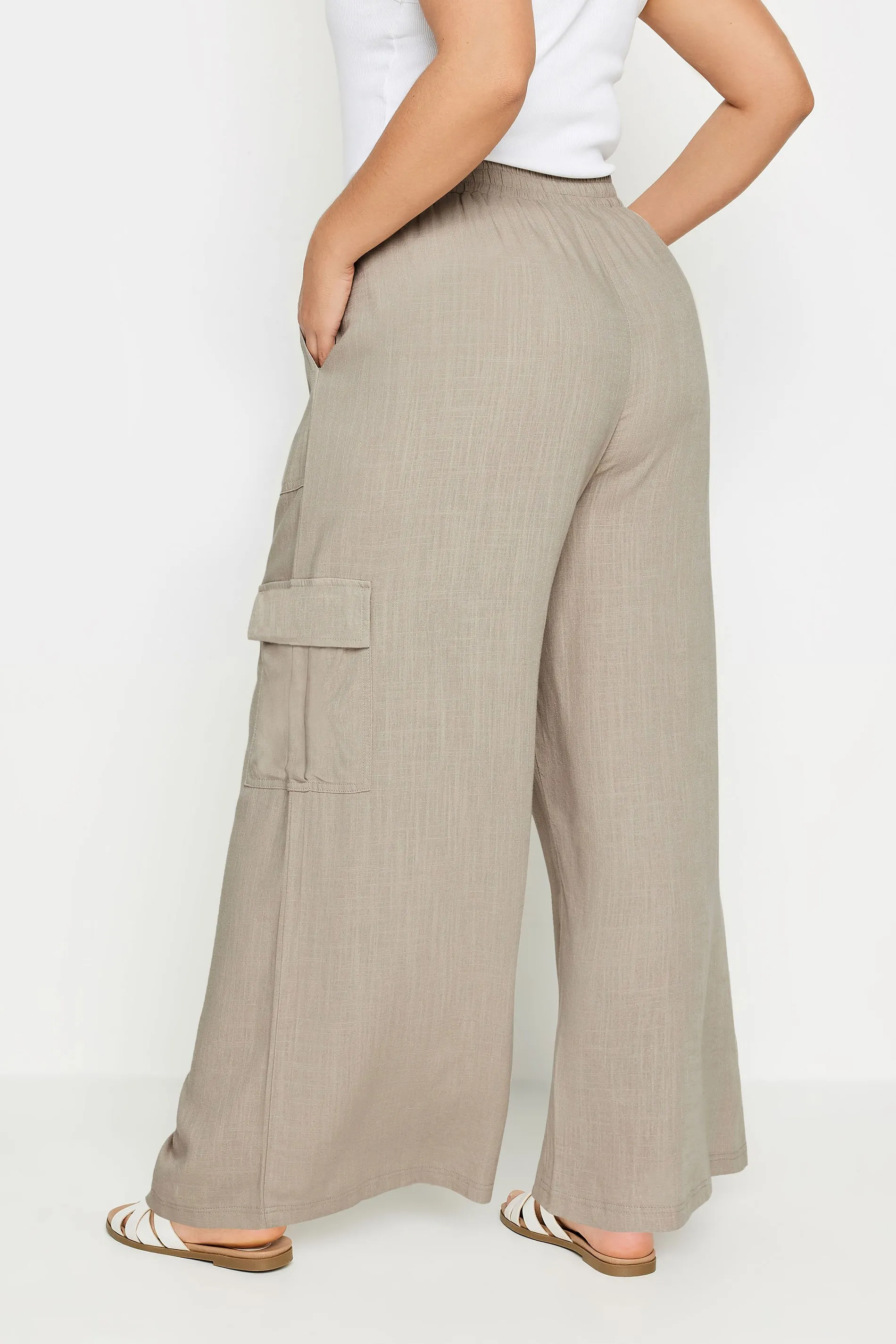 YOURS Curve Stone Brown Linen Wide Leg Cargo Trousers