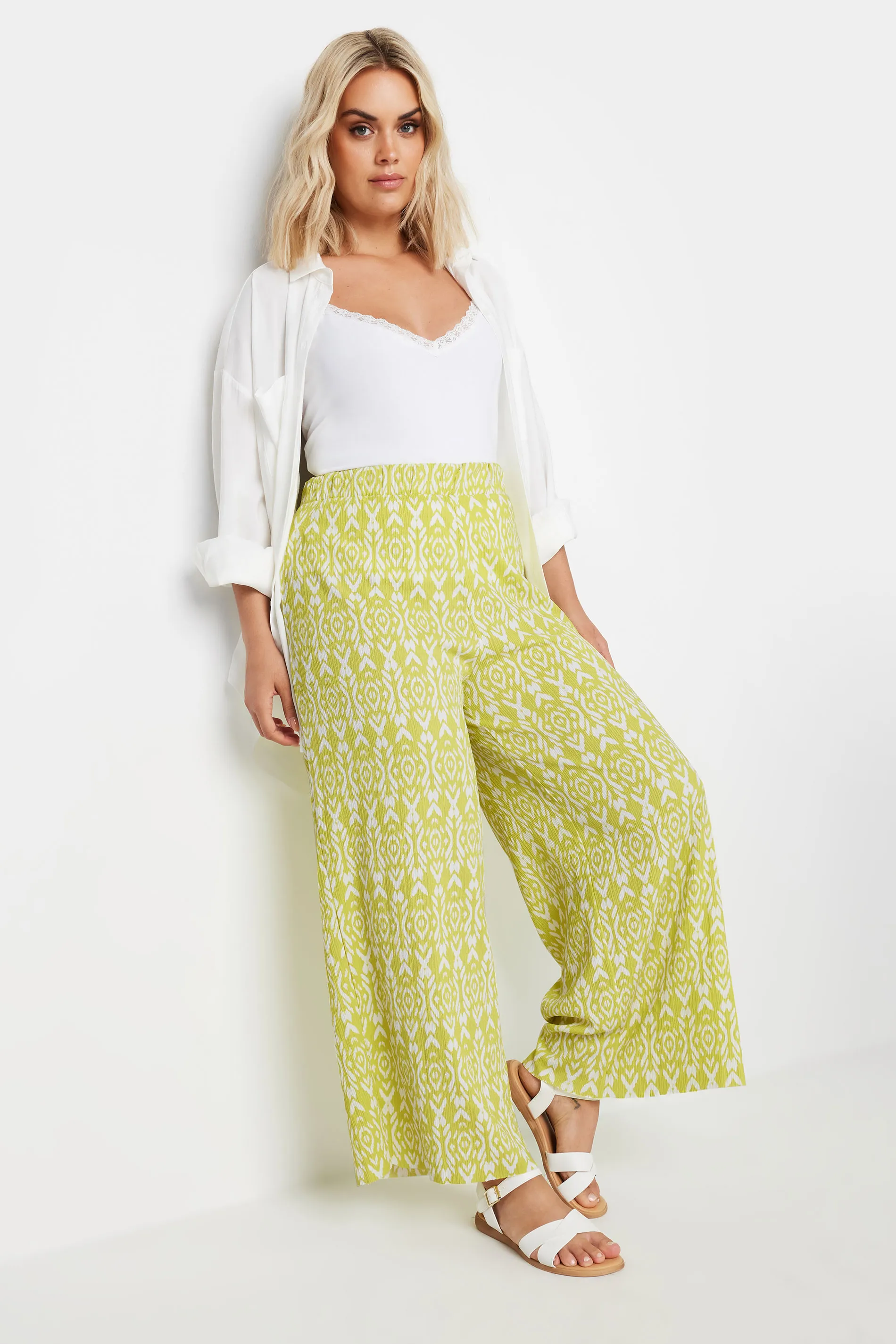 YOURS Curve Yellow Ikat Print Textured Wide Leg Trousers