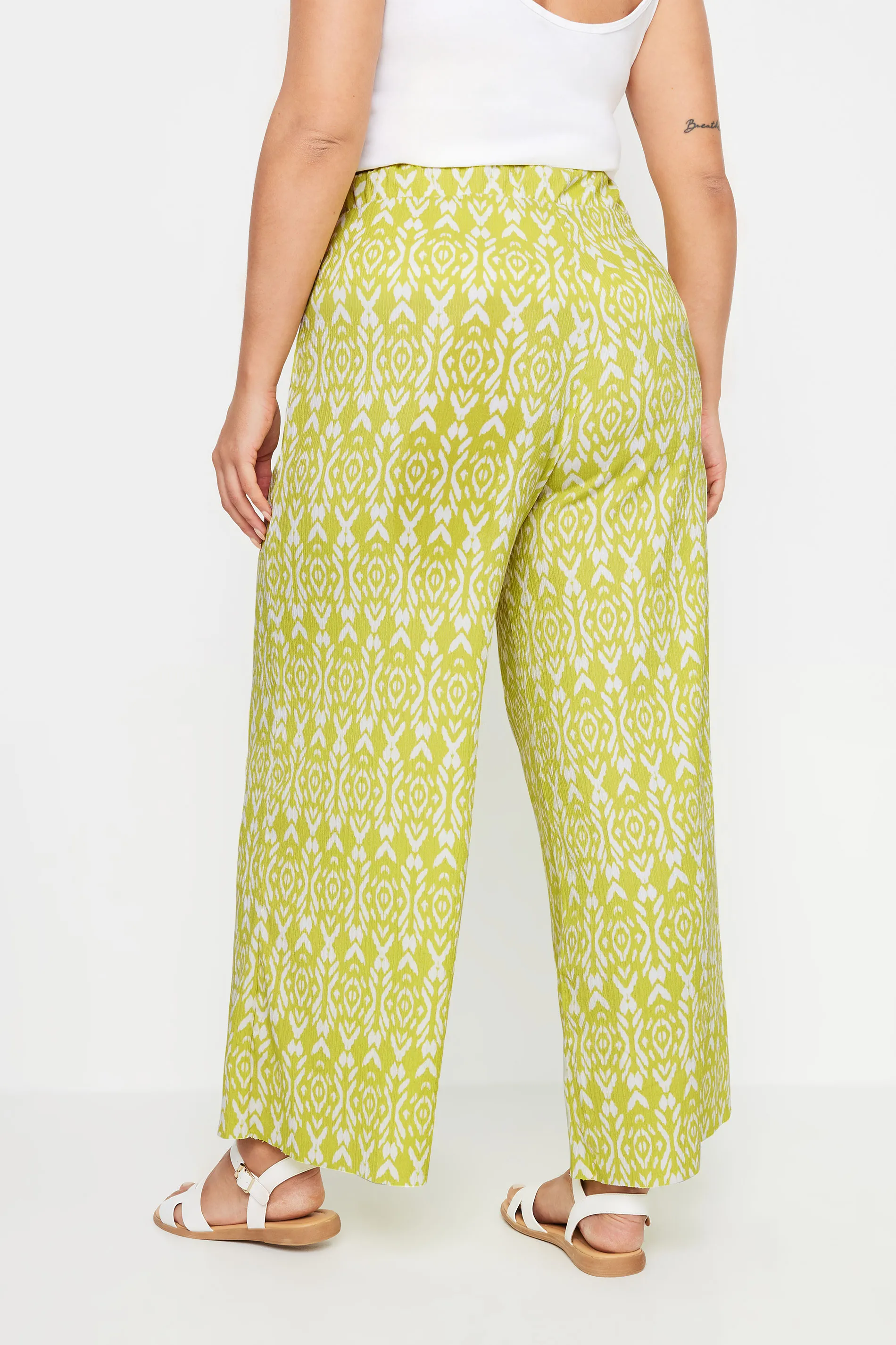 YOURS Curve Yellow Ikat Print Textured Wide Leg Trousers