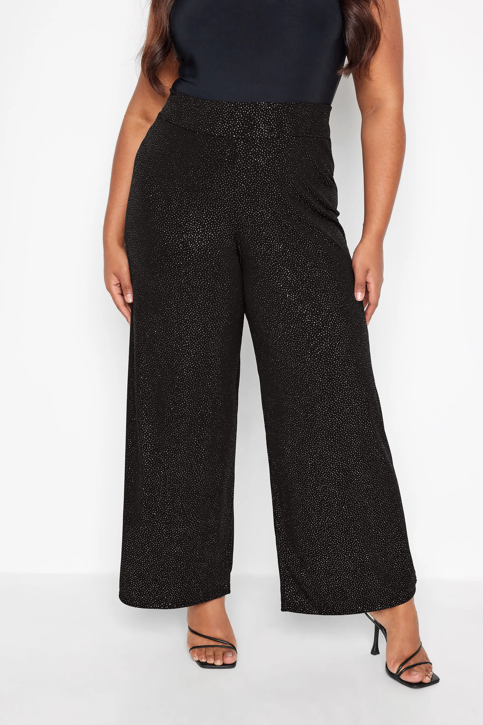 YOURS LONDON Curve Black Glitter Party Stretch Wide Leg Trousers